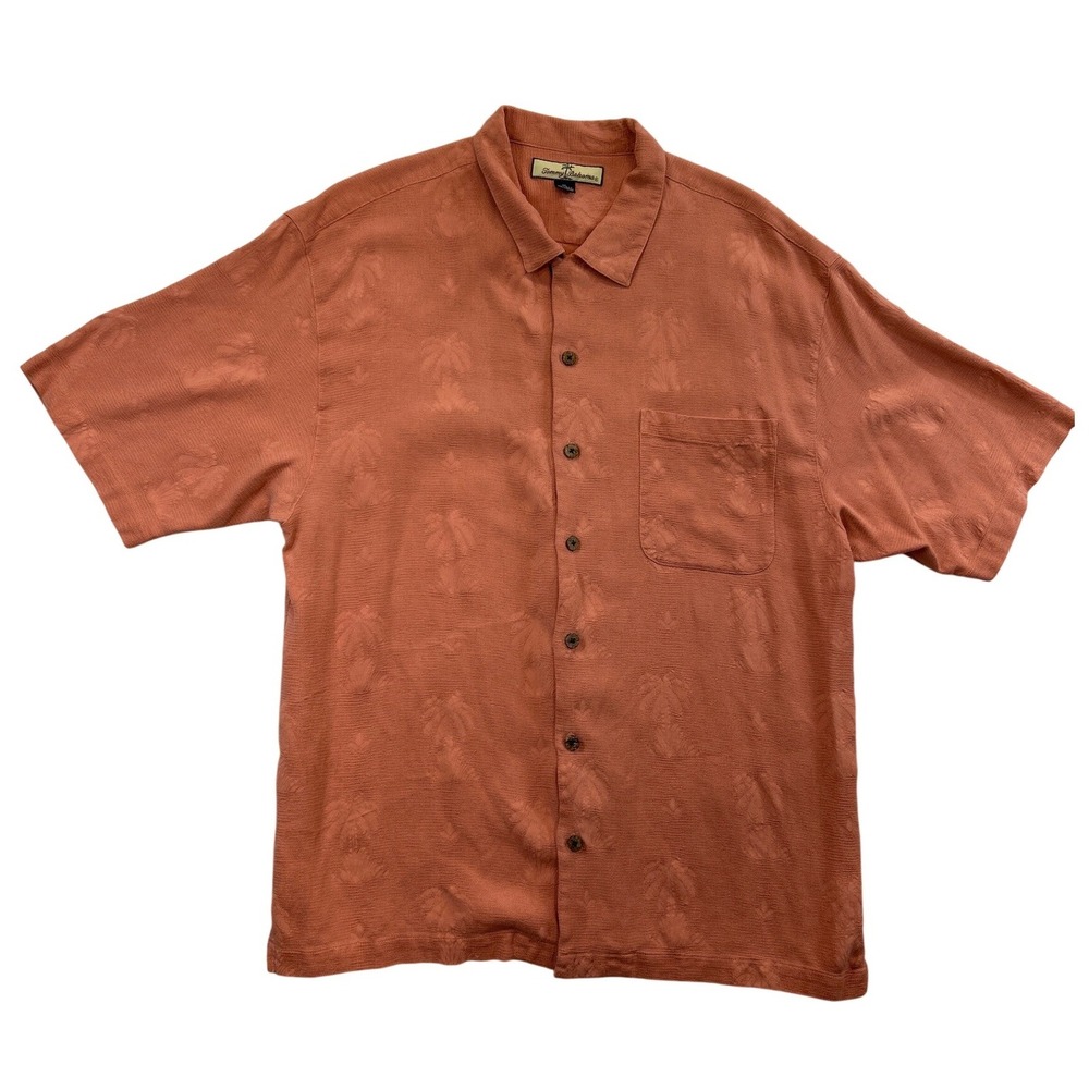 Tommy Bahama Silk Shirt Mens XL Coral Palm Tree Button Up Shirt Relax